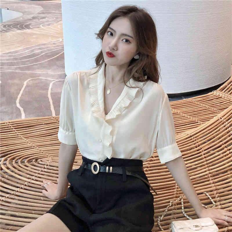 Women Plus Size Short Sleeve Blusas Casual Blouse Chiffon Shirt V-neck French Fashion Ruffle Top Cardigan Clothing 10021 210518