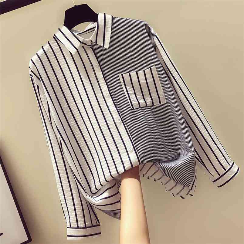Autumn Fashion Women Long Sleeve Shirts All-matched Casual Striped Blouse Female Turn-down Collar loose Shirt Plus Size D484 210512