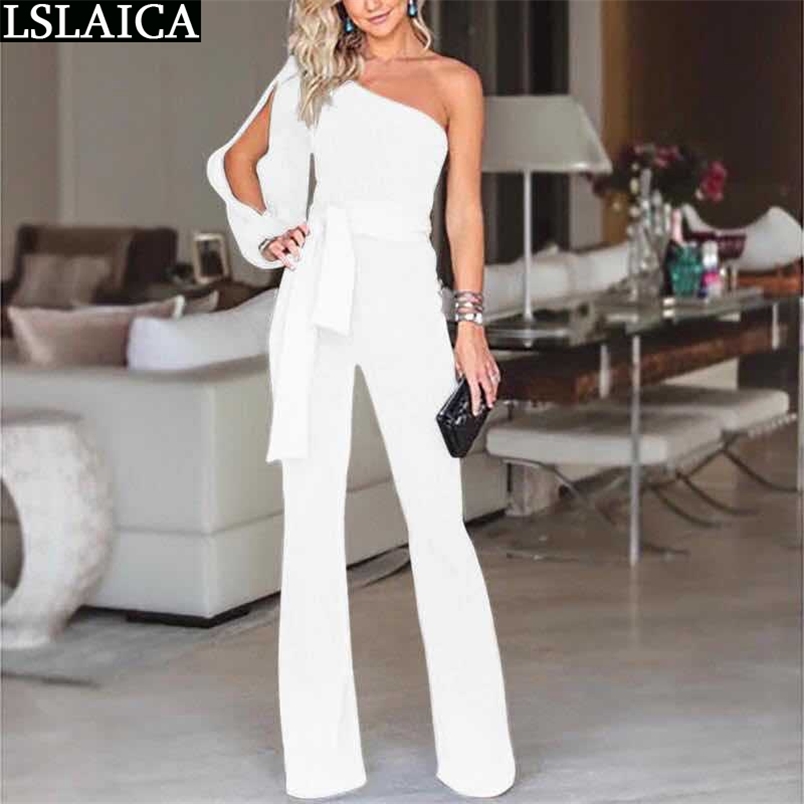 JUMPSUIT WOMAN Long Sleeve One Shoulder Hollow Out High Waist Summer Woman Jumpsuit Solid Color Party Club Romper Lady 210515
