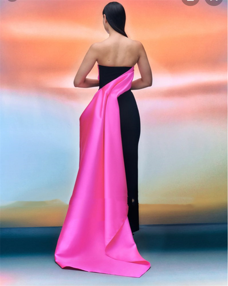 Modern Hot Pink And Black Satin Evening Dresses Strapless Chic Celebrity Party Gowns Simple Sheath Women Long Formal Occasion Wear Color Matched Prom 