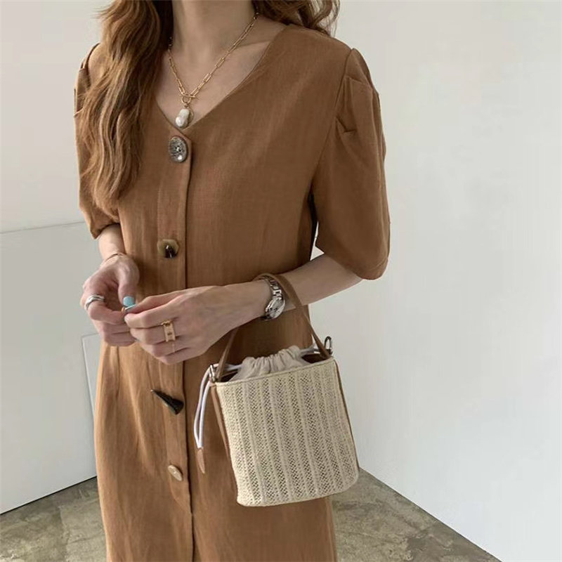 Korean Chic Retro Slim Fashion OL Women Brief High Waist V-neck Office Lady Cotton Linen Long Dresses 210421