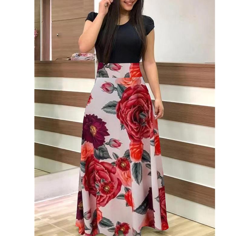 Vintage Floral Print Long Dress Women Summer Casual O Neck Short Sleeve Robe Elegant Ladies Tunic Maxi Plus Size S-5XL 210522