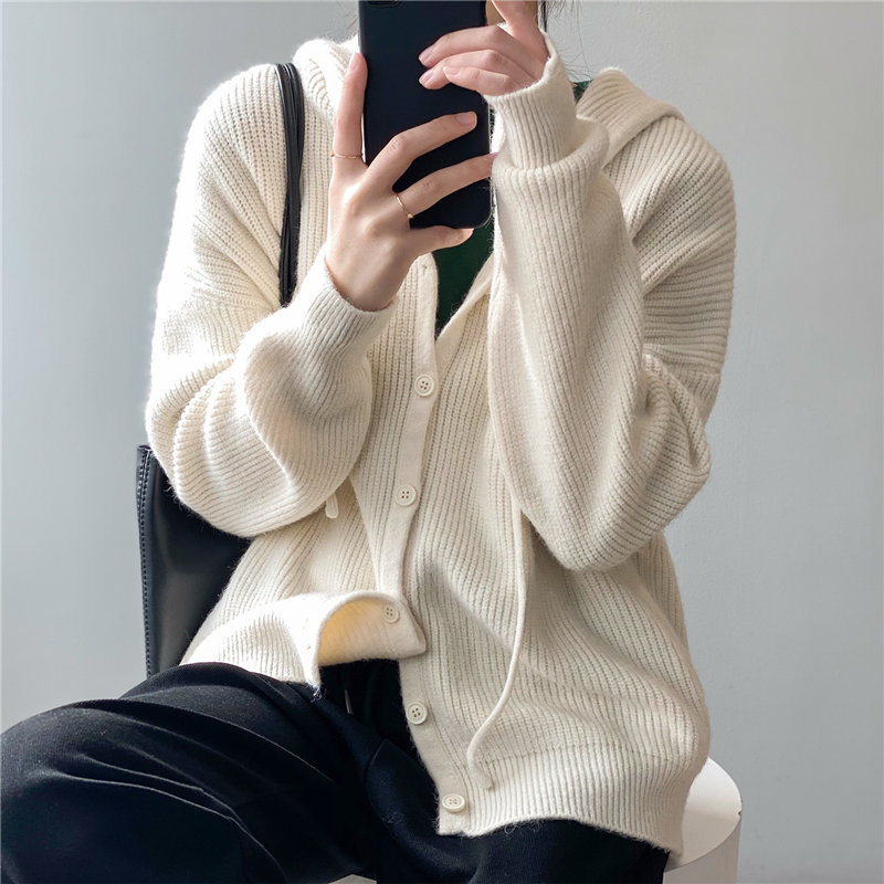 High Quality Solid Hooded All Match Loose Streetwear Women Soft Chic Warm Gentle Sweet Cardigans Sweaters 210421