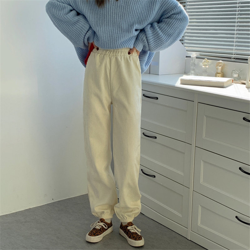 Office Lady Corduroy Slim Retro Fashion High Waist Pants Solid Loose Casual Trousers Warm Chic Women Femme 210421