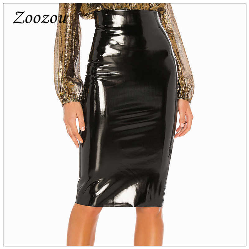 High Waist Latex Patent Leather Pencil Skirt Women Elegant Back Slit Hem Office Lady Pu Knee Length Custom 210619