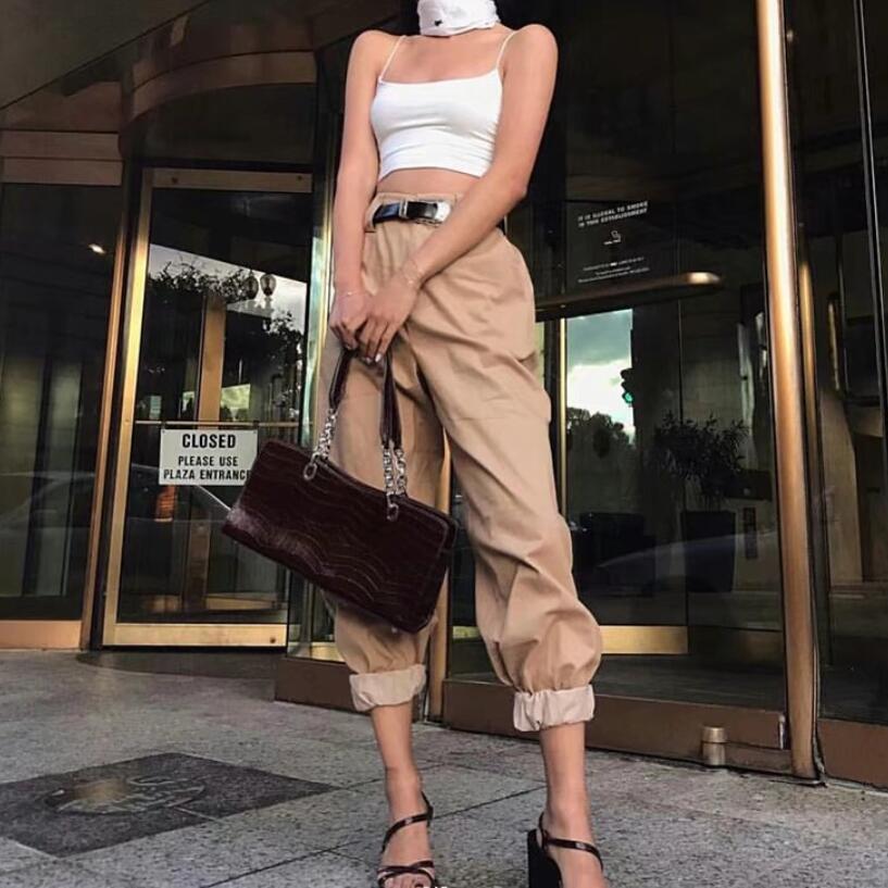 Boyfriend Style High Waist Elastic Cuff Safari Pants Woman Street Loose Unisex Trousers Long Casual Cargo 210429