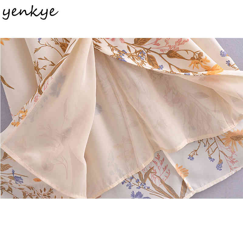 YENKYE Summer Women Vintage Floral Print Sexy Slits Sling Dress Female Holiday Beach Dress Chiffon Vestido 210515