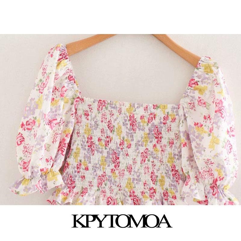 Women Chic Fashion Floral Print Smocked Midi Dress Puff Sleeves Side Zipper Slit Female Dresses Vestidos 210420