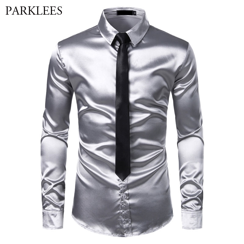 2pcs Silver Silk Shirt+Tie Mens Satin Smooth Tuxedo Shirts Casual Button Down Men Dress Shirts Wedding Party Prom Chemise Homme 210410