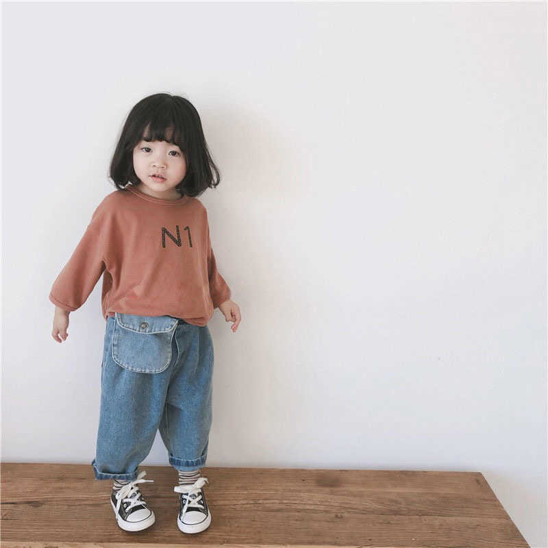 spring autumn boys girls pocket loose denim pants 1-6 years toddler kids casual all-match jeans 210615
