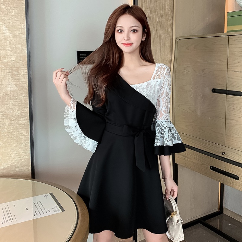 Korean Spring Elegant Mini Party Dress Fashion Women Casual Belt Lace Flare Sleeve Splicing Vintage Female 210519
