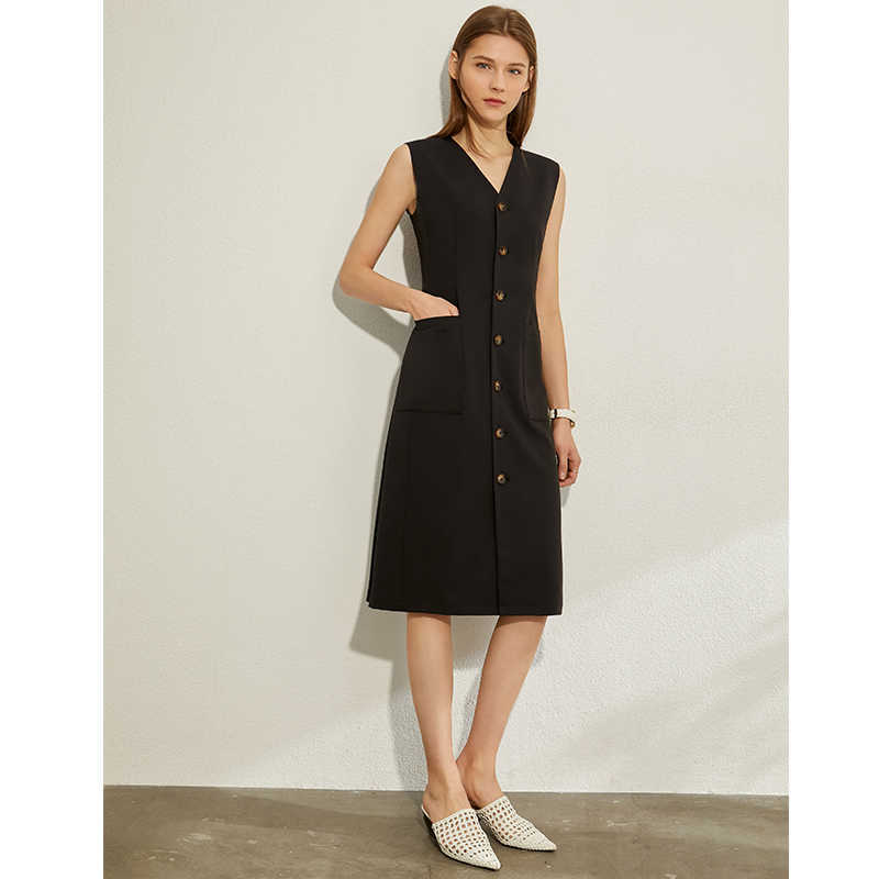 Summer Office Lady Sleeveless Dresses Elegant Solid Vneck Slim Single-breasted Fashion Female Dress 12040158 210527