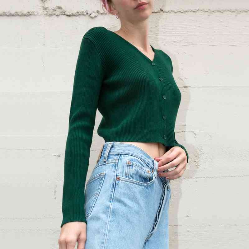 European slim thin short V-neck long-sleeved wool knitted cardigan women spring autumn stretch single-breasted top sweater 76RJ 210603