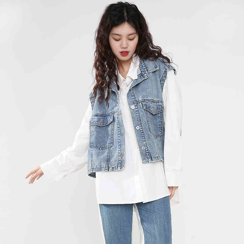 [EAM] Women White Irregular Denim Big Size Blouse Lapel Long Sleeve Loose Fit Shirt Fashion Spring Summer 1X25500 210512