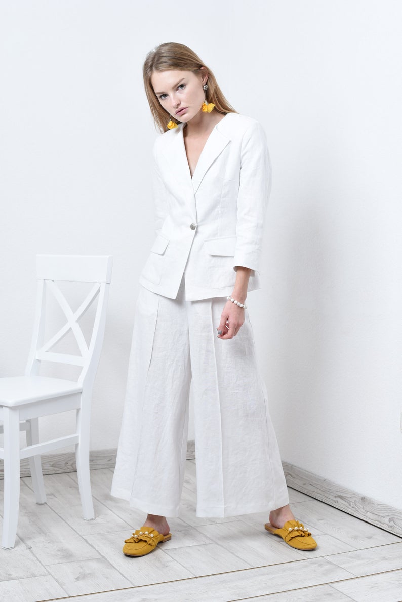 Summer White Linen Girls Wide Pants Suits Women 2 Pieces Long Sleeve Evening Party Prom Blazer Tuxedos (Jacket+Pants)