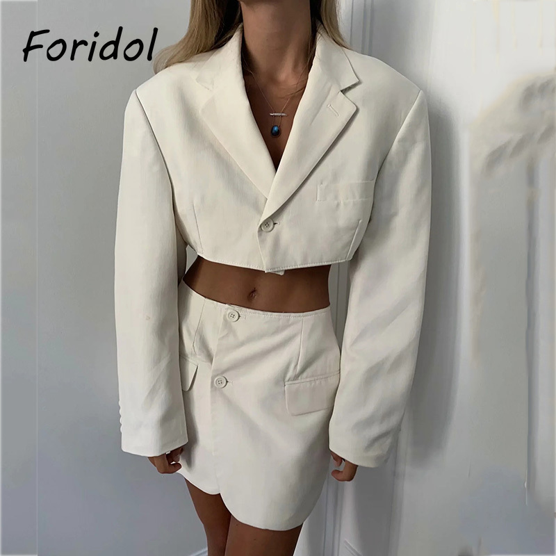 Foridol High Fashion Blazer Dress Sets Women Two Pieces Top Skirt Suits Ladies Chic A-line White Dress Sets Spring Autumn 210415