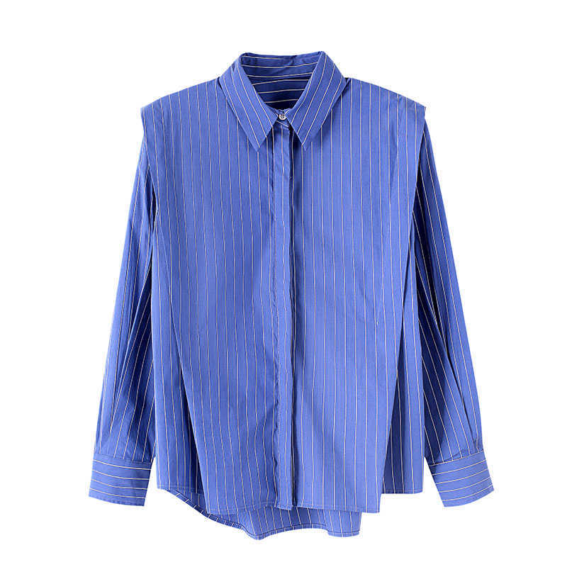 Autumn Jacket Pleated Striped Full Turn Down Collar Casual Shirts Womens Tops 210615