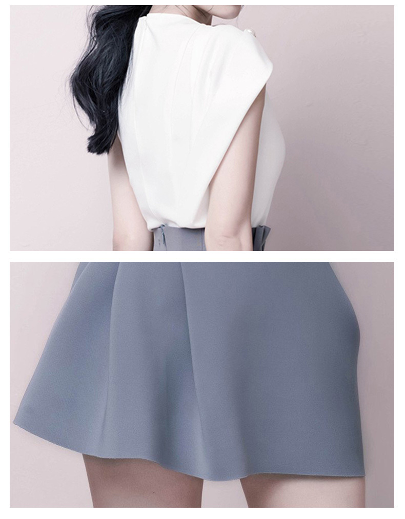 Summer Women 2 Piece Set Chic white Beading sleeveless chiffon Shirt Tops + High Waist Mini Ball Gown Skirt Suits 210518