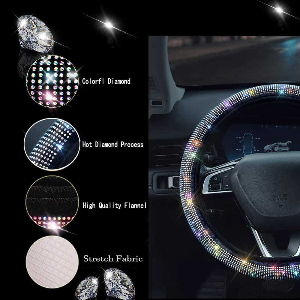 New 15 Inch Color Shiny Rhinestones Wheel Dia PU Leather Car Steering Cover Universal Auto Accessories