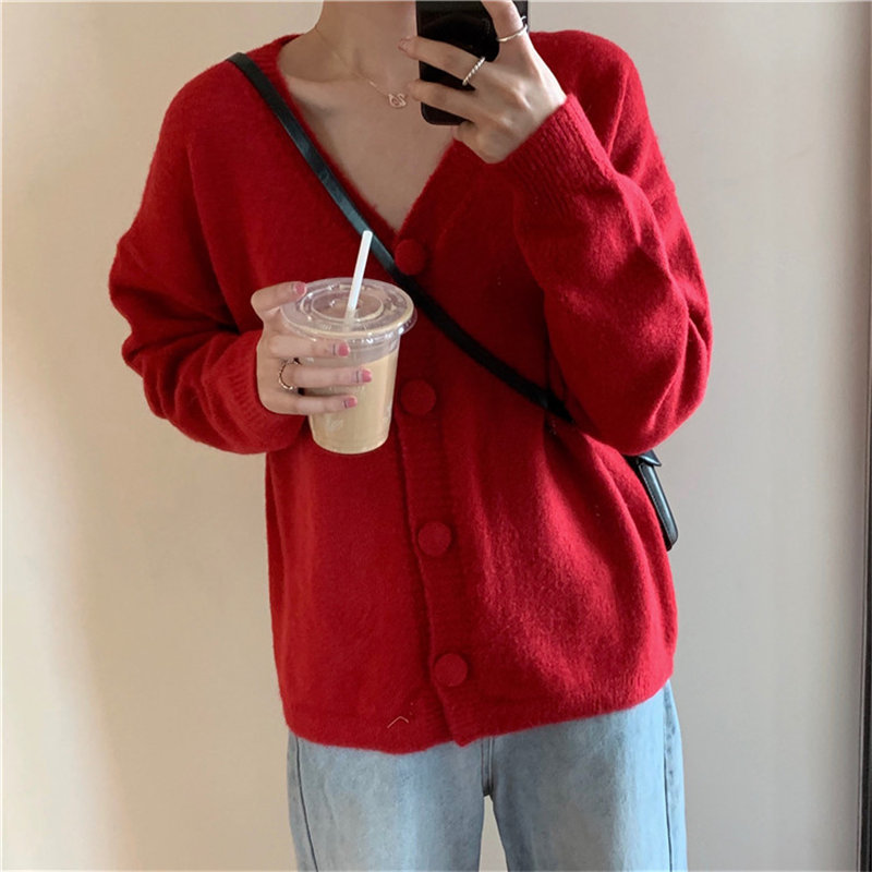 Selling Casual Solid Students Cardigans Fashion All-Match Knitted Office Lady Feminine Chic Loose V-Neck Sweaters 210421