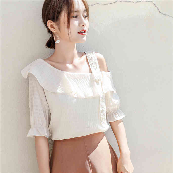fashion sexy solid women tops short sleeved blouse slash neck summer sweet lady chiffon shirt 0509 40 210506