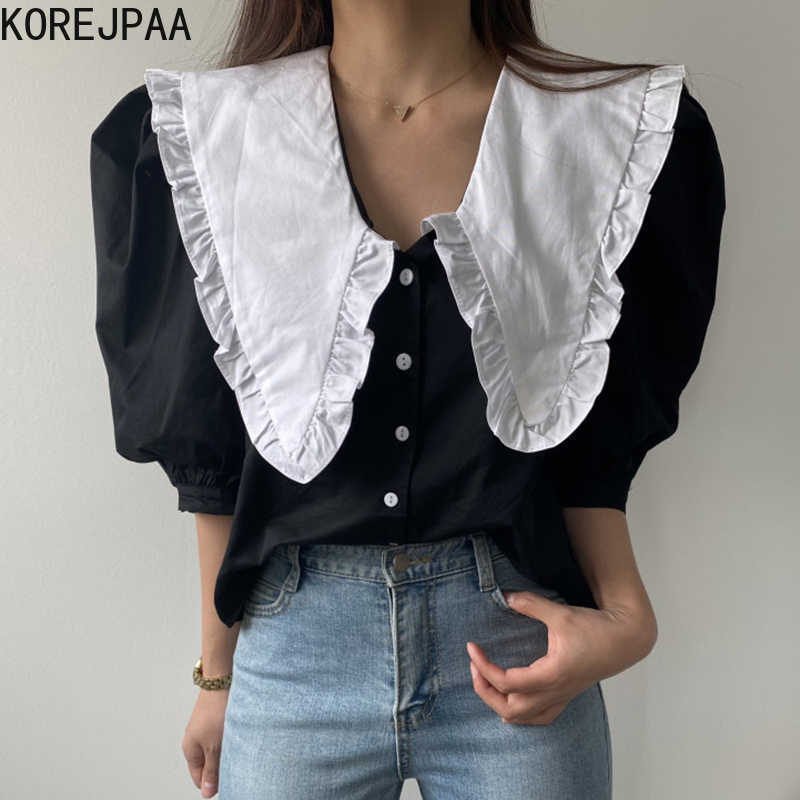 Korejpaa Women Shirt Summer Korea Chic Ladies Retro Temperament Lapel Wood Ears Contrast Stitching Loose Puff Sleeve Blouse 210526, White
Korejpaa Women Shirt Summer Korea Chic Ladies Retro Temperament Lapel Wood Ears Contrast Stitching Loose Puff Sleeve Blouse 210526, White