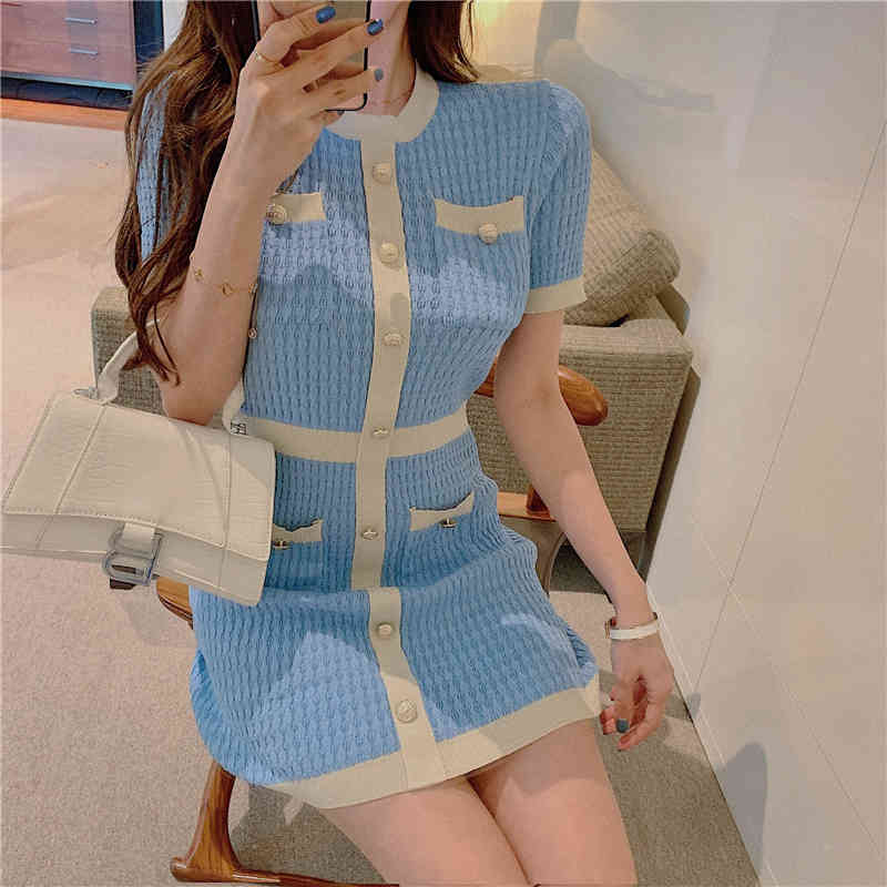 Women Sexy Elegant Vestidos Korean Short Sleeve Knitting Dresses Summer Hit Color Single-Breasted Mini Dress 210519