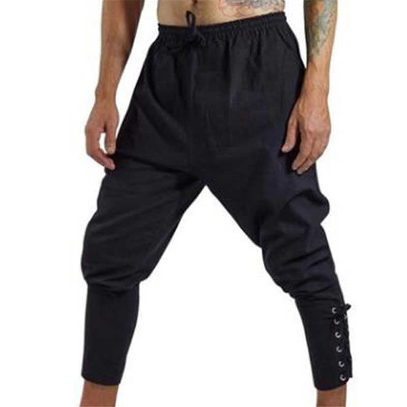 Adult Man Medieval Viking Pirate Cosplay Costume Lace-Up Bandage Pants Larp Capris Trousers Vintage Woven Cotton Joggers For Men 210930