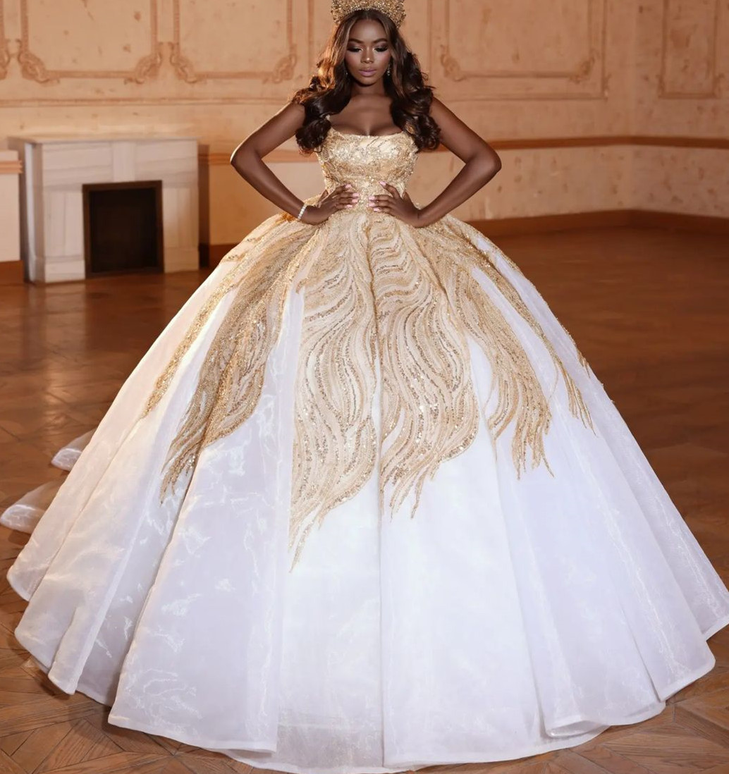 2022 Plus Size Arabic Aso Ebi Luxurious Sparkly Sexy Wedding Dress Sequined Lace White Gold Bridal Gowns Dresses ZJ722