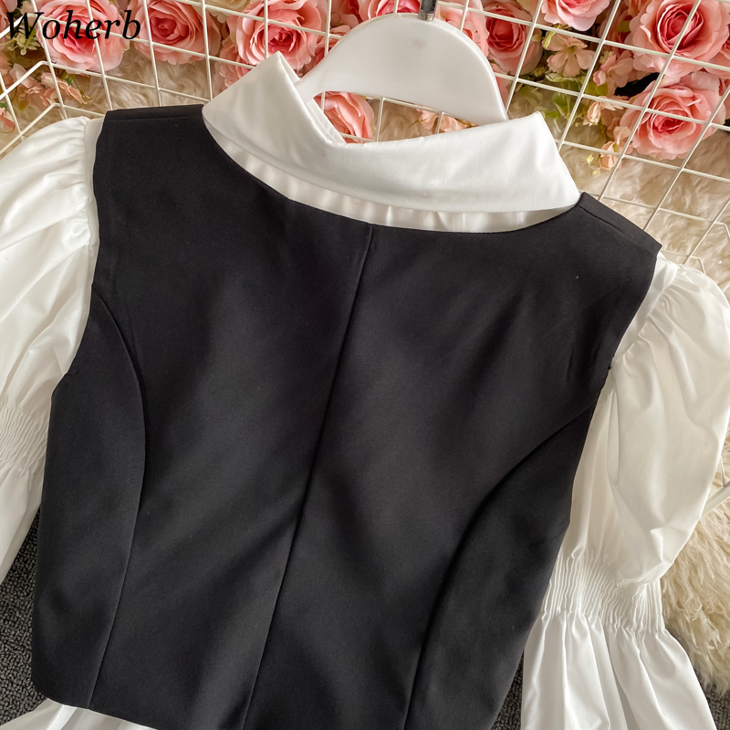 Black Vest + Long Puff Sleeve White Blouse Women Two Peices Set Korean Chic Outfits Spring Summer Casual Suit Femme 210519