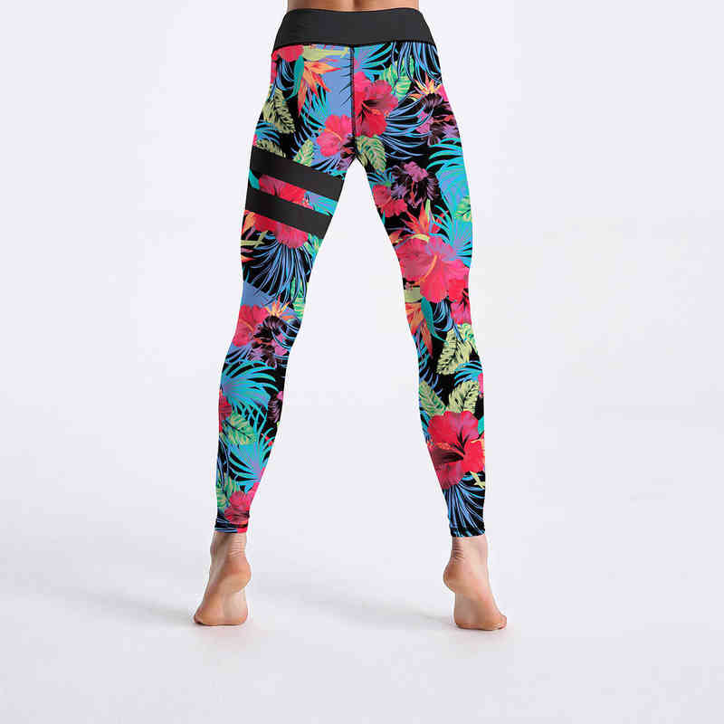 Qickitout Energetic Women's Leggings Jungle Flowers With Stripe Pattern Printed Legging High Waist Ankle Length Bottom Drop Ship 211215