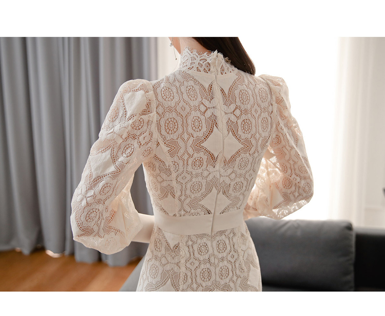 White Lace Bodycon Dress Autumn Women elegant Office OL stand collar Long Sleeve Midi Pencil Dresses 210519