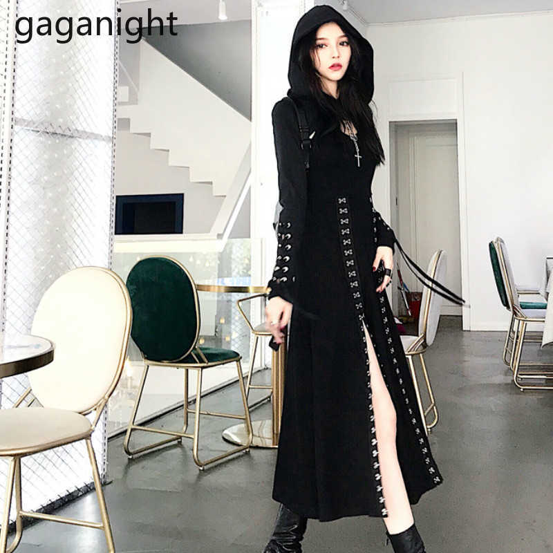 Harajuku Women Two Pieces Set Cool Streetwear Girls Black Suits Sexy Long Dress Crop Hoodies High Split Outfits 210601