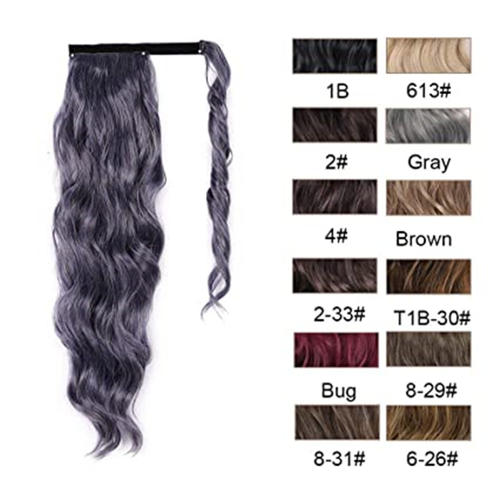 Gray Wavy Ponytail Extension for Black Women human Wrap Around grey Ponytail Long Curly Wave Clip in Magic Paste Hairpiece 22inch