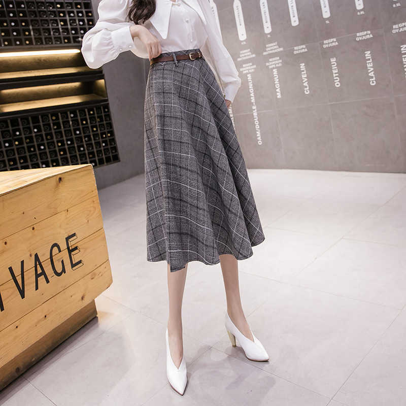 High Waisted Woolen Skirt Women' Mid Plaid A-line Umbrella Skirt Women For Autumn Winter Long Skirts Women With Belt 211119
