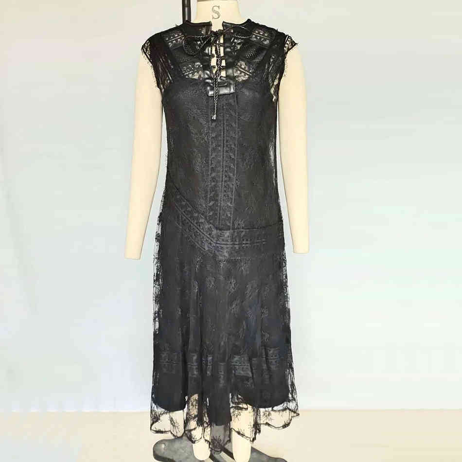 Black Lace Summer Fashion Party Vestidos Ladies Round Neck Embroidery Openwork Long Sexy Dress 210525