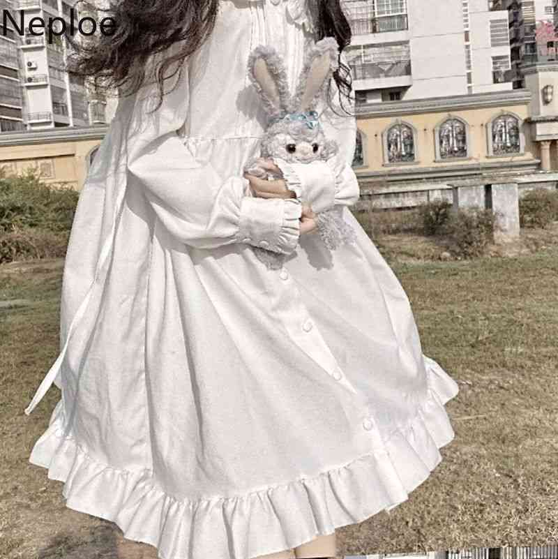 Neploe Japanese White Lolita Dress Women Peter Pan Collar Sweet Kawaii Vestidos Mujer Lantern Long Sleeve Loose Cute Dresses 210422