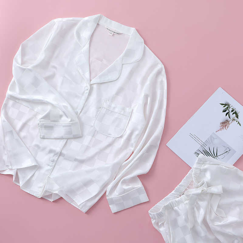 Women Satin Plaid Sleepwear Pajamas Casual Nightwear Lounge Wear Soft Intimate Lingerie Pyjamas 2PCS Shirt&Pants Q0706