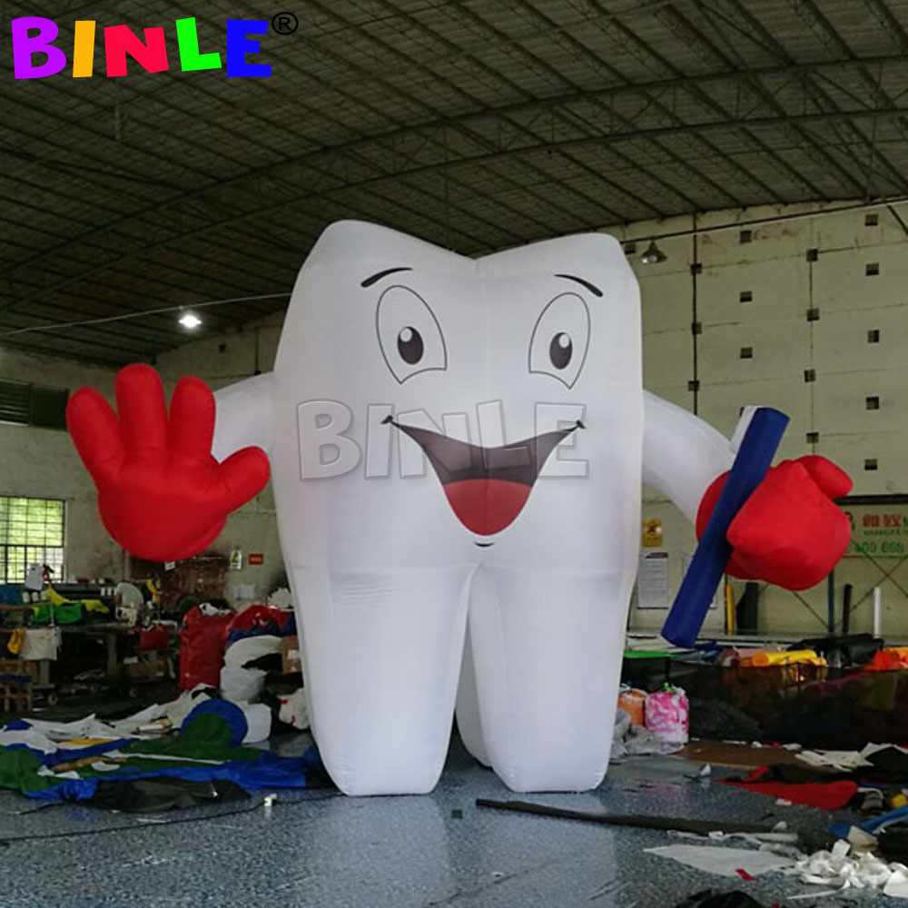 Customized Artificial giant inflatable tooth with toothbrush LED White Dental Man balloon for dentist advertising promotion 4mtsHigh