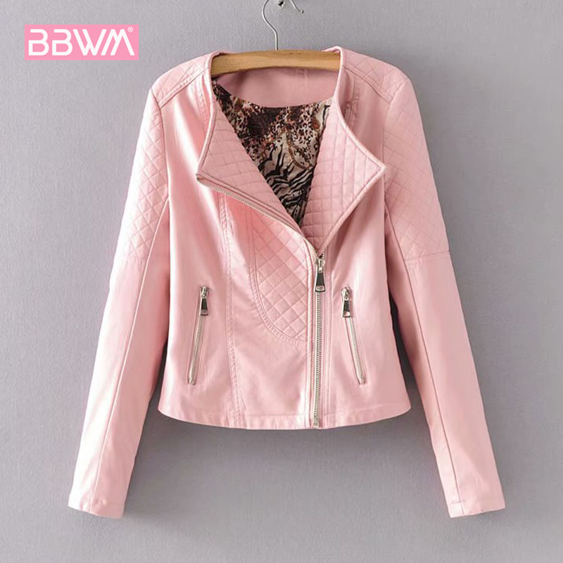 Elegant women's winter wild slim slimming solid color zipper jacket short PU leather coat jacket Pink black female 210507