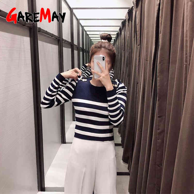 Stripe Sweater Women Autumn Winter Long Sleeve Button Shoulder Crop Striped Ladies Elegant Skinny Jumpers Pullover 210428