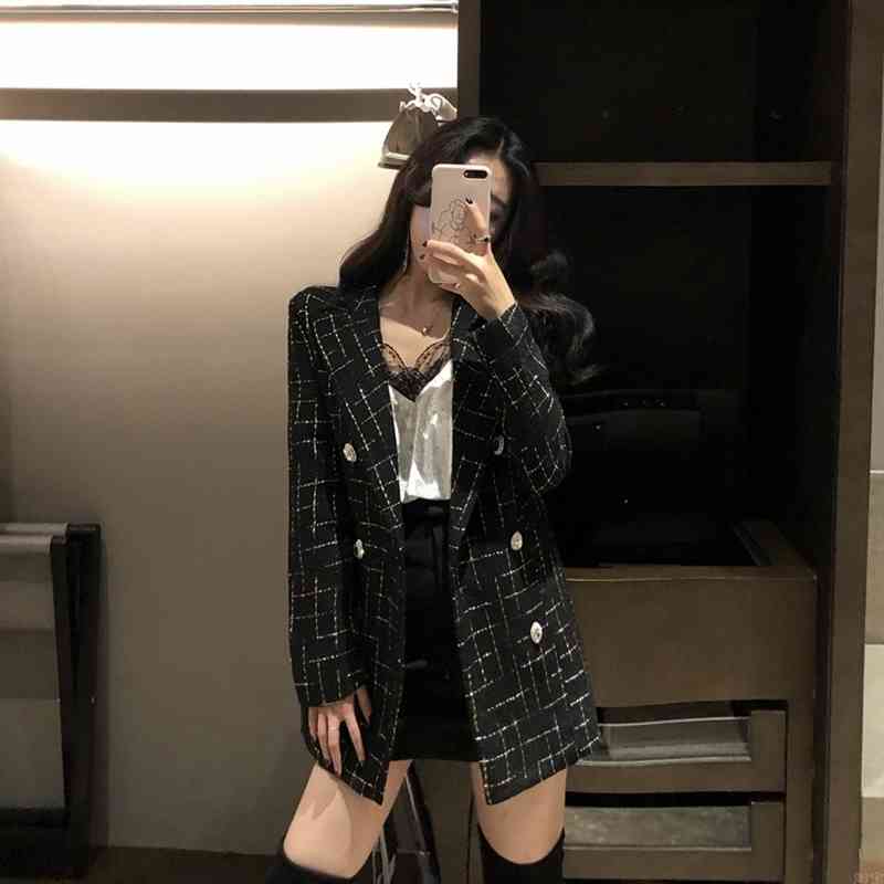 Vintage Plaid Tweed Jacket Women Spring Double Breasted Notched Pocket Jackets Long Sleeve Wool Outerwear 210519