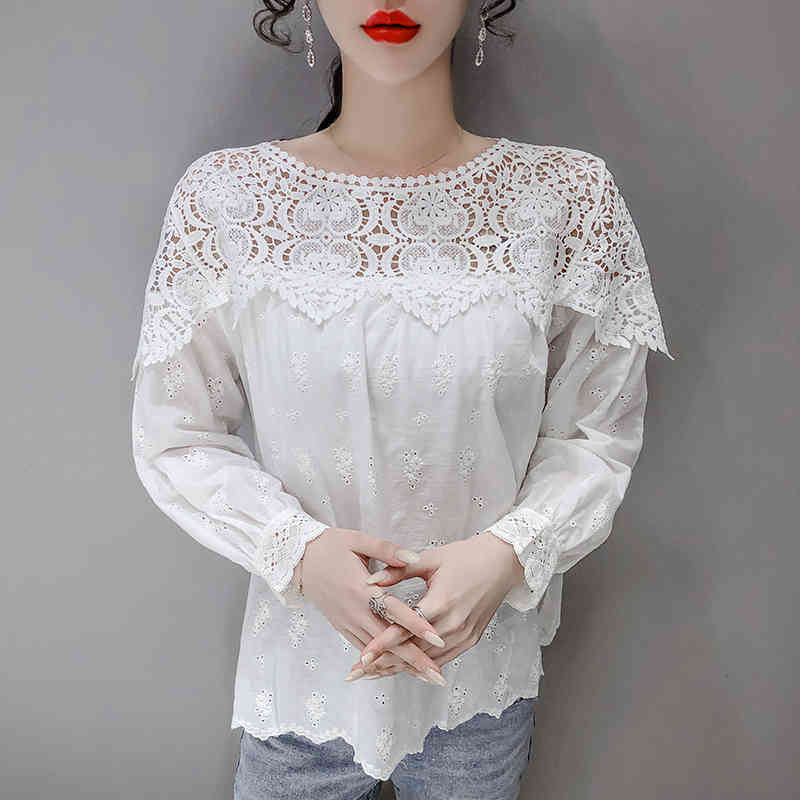 Cotton White Shirts For Women Vintage Embroidery Hollow Out Lace Shirt Tops Female Loose Office Casual Blouses Blusas 13293 210508