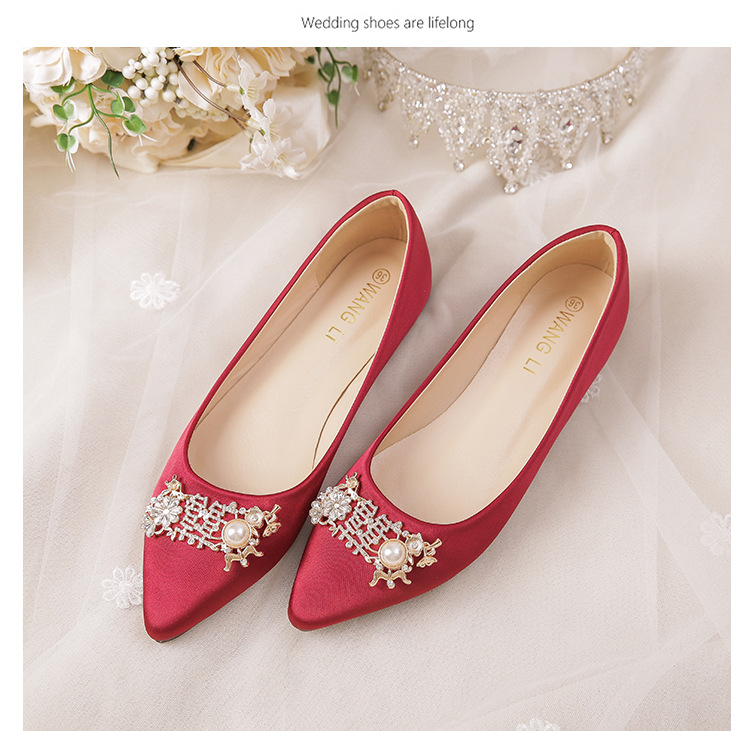 Satin Pointed Flat Women Shoes Pearls Rectangle Buckle Diamond Sexy Wedding Bridal Bradesmaid Prom for Lady Shoes