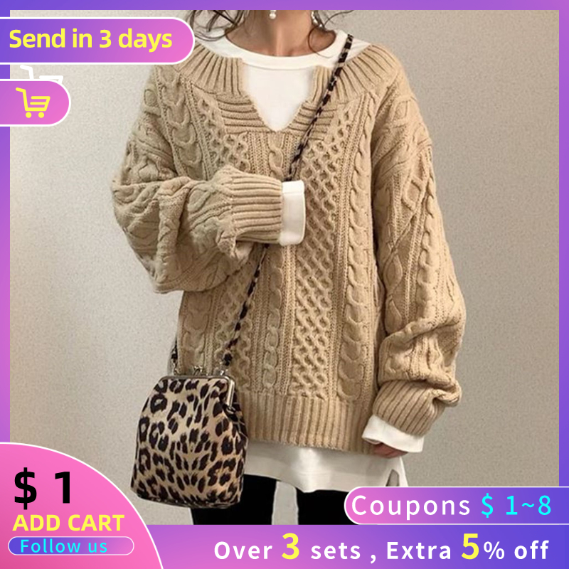Autumn And Winter Knitted Sweater Twist Pattern Loose Casual Ladies Sweater V-neck Long-sleeved Pullover Lazy Style Sweater Coat, Brown
Autumn And Winter Knitted Sweater Twist Pattern Loose Casual Ladies Sweater V-neck Long-sleeved Pullover Lazy Style Sweater Coat, Brown