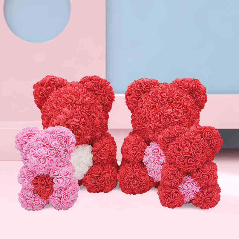25/40cm Roses Bear with Heart Artificial Flower Rose Teddy Bear For Women Valentine Wedding Birthday Christmas Gifts Decoration 211108