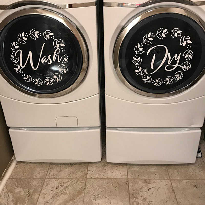 Laundry Room Decor "Wash" "Dry" Vinyl Decal Set, Washing Machines Farmhouse Laundry Decor With Floral Wreath 13.5 Inch E830 210929