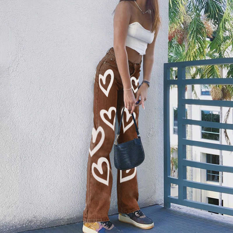 Casual Printed Heart Straight Slim Jeans Vintage High Waist Trousers Women Fashion Denim Pants Vaqueros Mujer Streetwear 210922