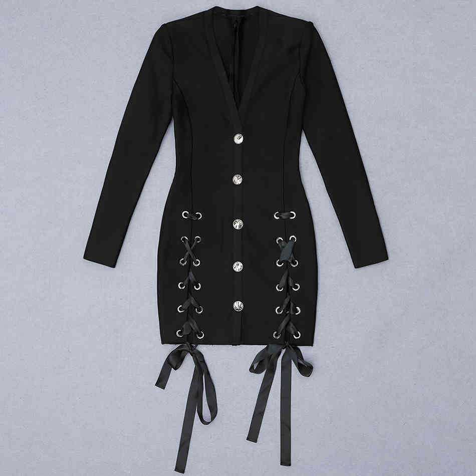 Free Women Black Lace-Up Bandage Dress Sexy V-neck Long Sleeve Bodycon Button Celebrity Club Party 210524