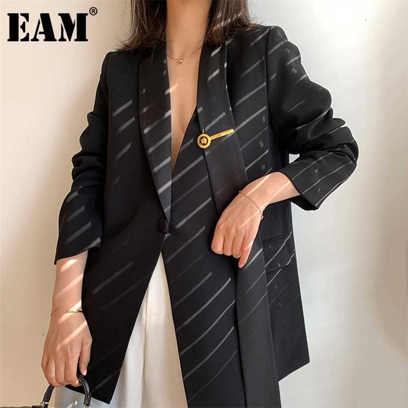 [EAM] Women Black Vintage Irregular Blazer Notched Collar Long Sleeve Loose Fit Jacket Fashion Spring Autumn 1DD5534 211122